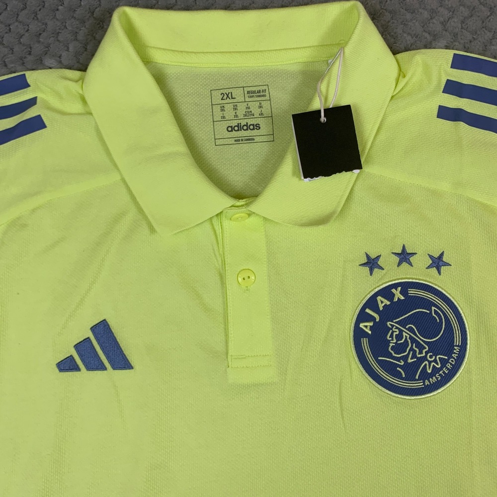 Adidas Ajax Amsterdam Polo Shirt Mens 2XL Neon Yellow Blue Soccer Aeroready NWT